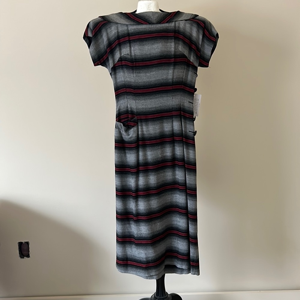 Vintage 1960s Grey and Red Striped Wiggle Dress